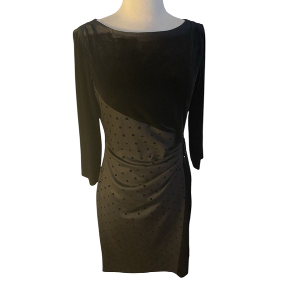 Velvet Polka Dots Black Dress Tahari Side Ruched Party Office Siren Dress 6P - Picture 4 of 11